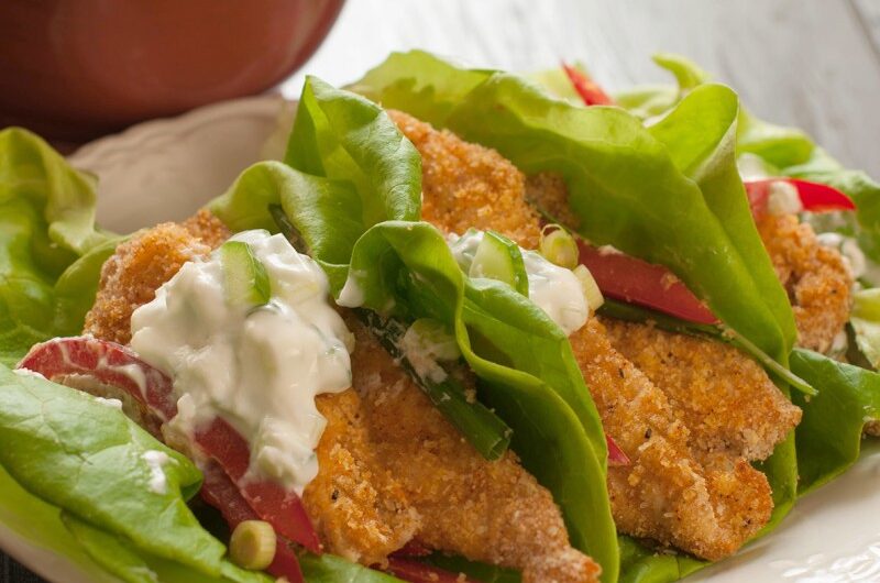 Crunchy Chicken Lettuce Wraps with Tzatziki Sauce