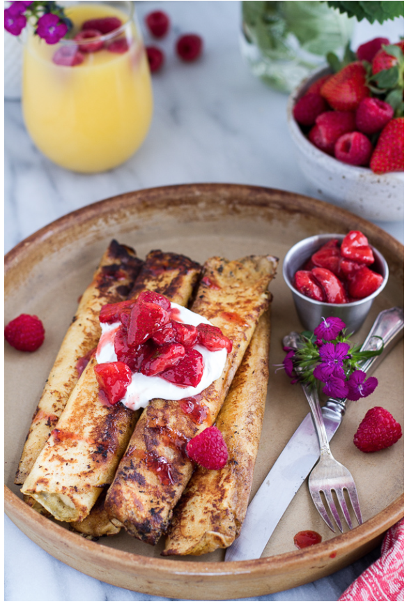 Lemon Ricotta Cheese Stuffed French Toast Crepes with Vanilla Stewed Strawberries