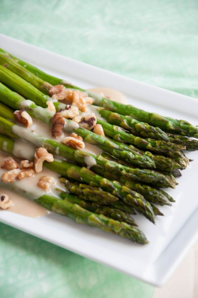Roasted Asparagus with Honey Maple Tahini Sauce