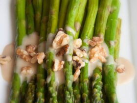 Roasted Asparagus with Honey Maple Tahini Sauce
