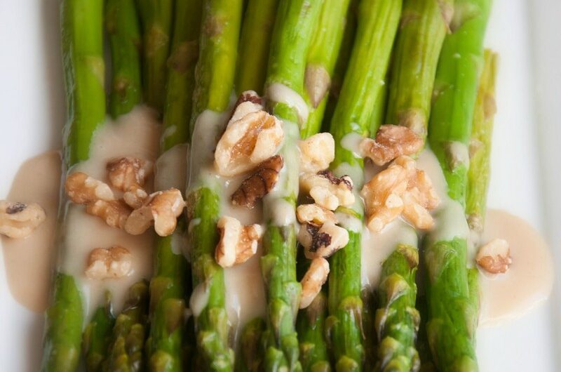 Roasted Asparagus with Honey Maple Tahini Sauce