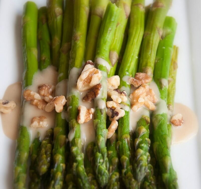 Roasted Asparagus with Honey Maple Tahini Sauce