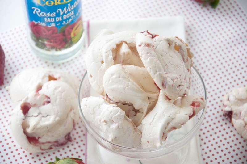 Soft chewy meringue cookies swirled with rose scented homemade strawberry jam